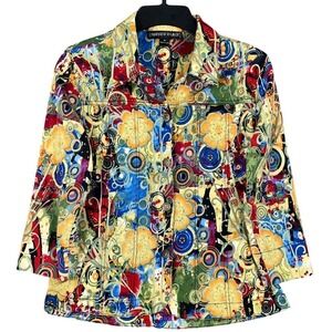 Mirror Image Abstract Floral Button Up‎ Jacket Psychedelic Art Print M Womens